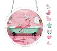 Flamingo in Pink Bathroom 7.8x7.8in Round Acrylic Hanging Puzzle | Creative Home Accent with Visual Appeal