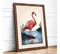 Flamingo in Reeds Coastal Framed Wall Art Print A3 Walnut