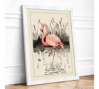 Flamingo in Shallow Water Japandi Framed Wall Art Print A3 (42×29.7cm) White, Wall Decor for Living Room, Bedroom, Office & Home, Ready to Hang, Art Gift
