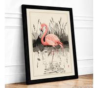 Flamingo in Shallow Water Japandi Framed Wall Art Print A4 (29.7×21cm) Black, Wall Decor for Living Room, Bedroom, Office & Home, Ready to Hang, Art Gift