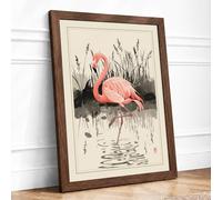 Flamingo in Shallow Water Japandi Framed Wall Art Print A4 (29.7×21cm) Walnut, Wall Decor for Living Room, Bedroom, Office & Home, Ready to Hang, Art Gift