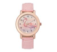 Flamingo in The Sky Classic Watches for Women Pink Leather Strap Trendy Quartz Watch for Small Wrists