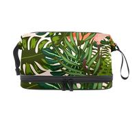 Flamingo in The Tropical Leaves Jungle Double Layer Cosmetic Bag for Women and Girls, Travel Toiletry Bag Makeup Handy Pouch Organiser Bag with Brush Compartment
