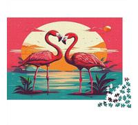 Flamingo Jigsaw Puzzles Red Flamingos in Heart Pose at Sunset 1000Pc for Adults Kids Historic River Tour Quaint Church Fun Present & Activity 38x26cm/1000pcs