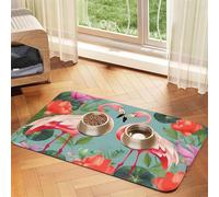 Flamingo Love Flowers Dog Food Mat, Absorbent Pet Feeding Mat for Food and Water Bowls Non-Slip Placement Pad for Floors Waterproof Quick Dry Water Dispenser Mat for Dogs Puppy Cats 16x24 Inch