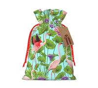 Flamingo Love Flowers Linen Drawstring Gift Bag Xmas Party Candy Bag Reusable Storage Pouches
