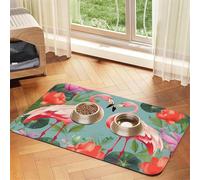 Flamingo Love Flowers Pet Feeding Mat 30x45cm, Absorbent Dog Mat for Food and Water Bowl, PU Leather Cat Food Mat Waterproof Dog Bowl Mats Quick Dry Pet Placemats-No Stains