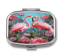 Flamingo Love Flowers Pill Box Medicine Pill Organizer Small Pill Case Travel Pill Container Portable Pill Case for Pocket 2 Compartment Pill Holder Pill Boxes for Travel