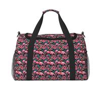 Flamingo Love Flowers Print Foldable Carry On Tote Large Capacity Hand Carry Bag for Airplane Weekend Getaways