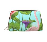 Flamingo Love Flowers Print Leather Makeup Bag for Women Travel Toiletry Bag for Toiletries Cosmetic Bag