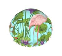 Flamingo Love Flowers Print Shower Cap Reusable Bath Cap Double Layer Bath Hair Caps, Keeps Hair Dry, Fits All Head