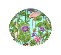 Flamingo Love Flowers Printed Hair Cover, Dual Layer Bathing Cap For Thick Hair, Reusable Headgear For Women