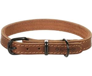 Flamingo Montana Cognac Leather Dog Collar, Small, 29.5-35.5 cm x 15 mm - with Rivets and Buckle with a Gloss Black Finish
