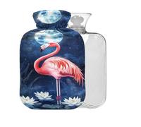 Flamingo Moon Blue Pattern Hot Water Bottle with Cover 2L Large Warm Water Bag for Pain Relief Hot Cold Compress
