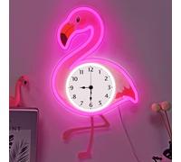 Flamingo Neon Wall Clock with Dimmable Light USB Operated Silent Non-Ticking LED Wall Clock for Bedroom Living Room Kitchen Office Home Decor Cute Clock Gifts for Kids