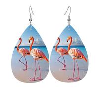Flamingo on Beach Earrings for Women Teardrop Leather Earring Double Sided Drop Dangle Earrings Lightweight Women's Ear Accessories Jewelry Fashion Birthday Gift