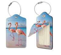 Flamingo on Beach Luggage Tag PU Leather Suitcase Tags Identifiers Travel Tags with Privacy Protection and Stainless Steel Loop Luggage Bag Tag for Women Men, Black, 1