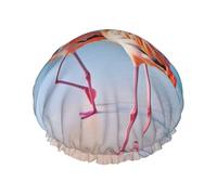 Flamingo on Beach Shower Cap for Women Men, Elastic and Reusable, Stylish Large Waterproof Shower Bonnet, Washable Hair Bath Caps, Double Layers Bathing Hat for Long Hair, Braids