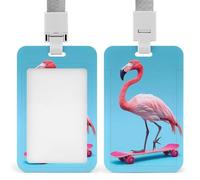Flamingo on Skateboard Funny ID Badge Holder with Detachable Neck Lanyards Vertical Card for Offices Men Women