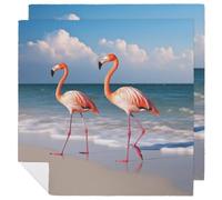 Flamingo On The Beach Cloth Napkins for Hotel, Reusable Square Napkins Cloth 2 PCS Washable, Soft Absorbent Napkin for Family Dinners, Weddings, Thanksgiving, New Year Party