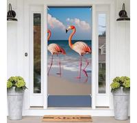 Flamingo On The Beach Door Banners for Front Doors, Spring Summer Decorative Door Cover Welcome Porch Banner Decoration Hanging Wall Background for Party Supplies Indoor Outdoor Home Decor