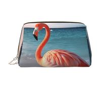 Flamingo On The Beach Leather Makeup Bag, Large-Capacity Travel Storage Bag, Dual-Purpose Toiletries and Makeup Bag