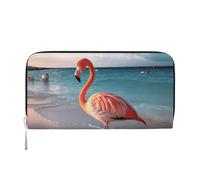 Flamingo On The Beach Leather Wallet For Women Girl, Zip Around Credit Card Holder Long Pu Wallet Clutch Purse Waterproof Travel Handbag