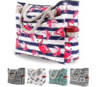 (Flamingo) Oversized Waterproof Canvas Beach Bag With 4 Inner Pockets For Travel, Gym, Swimming And Beach Vacations