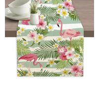 Flamingo Palm Leaf Hibiscus Table Runner Dresser Scarves Seasonal Linen Tablerunner for Indoor Outdoor Kitchen Home Party Holiday Dining Table Decor 13 X 70 Inch