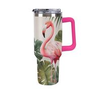 Flamingo Palm Trees Leaf 40 Oz Tumbler with Handle And Flip Straw, Vacuum Insulated Stainless Steel Tumbler Cups, Travel Coffee Mug, Dishwasher Safe & Bpa-Free, Reusable Water Bottle(Light Rose Red)