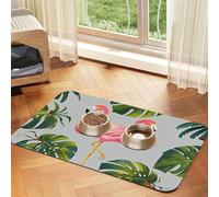 Flamingo Palm Trees Leaf Dog Food Mats for Floors, 12x18 Inch Non-Slip Super Absorbent Pet Food Mat, Dishwasher Dog Mat for Food and Water, Cute Rubber Quick Dry Pet Feeding Mat for Dogs Puppy Cats