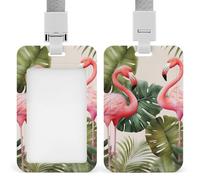 Flamingo Palm Trees Leaf Heavy Duty Id Card Badge Holder Plastic Name Tag Badge Holder with Clear Window Waterproof Card Protector Sleeve for Nurse Doctor Teacher Office Employee