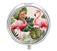 Flamingo Palm Trees Leaf Pill Box 3 Compartment Small Pill Case with Mirror for Purse & Pocket Travel Medicine Organizer Daily Medication Container Portable Pillbox Metal Medicine Box Round Meds Case