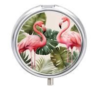 Flamingo Palm Trees Leaf Pill Box 3 Compartment Waterproof Pill Container with Mirror Metal Medicine Box Organizer Portable Vitamin Case for Pocket & Purse Travel - Round
