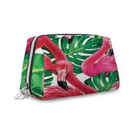 Flamingo Pattern, Makeup Bag Cosmetic Bag,Watercolor Botanical Floral Flamingo,Leather Organizer Make Up Bag Reusable Toiletry Bag,Green Pink,M
