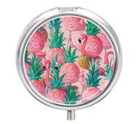 Flamingo Pineapple Pill Box 3 Compartment Travel Pill Organizer 3 Times A Day Cute Mini Pill Case for Purse & Pocket Portable Metal Medicine Box with Mirror Round Daily Medicine Vitamin Container