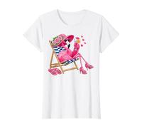 Flamingo Pink Palm Tree Tropical Beach Summer Vacation Funny Value Graphic T-Shirt, Women, White, M