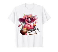 Flamingo Pink Palm Tree Tropical Beach Summer Vacation Women T-Shirt
