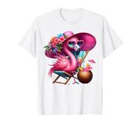 Flamingo Pink Palm Tree Tropical Beach Summer Vacation Women T-Shirt