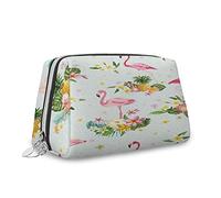 Flamingo Print,Leather Large Makeup Bag Zipper Pouch,Exotic Bird and Tropical Flowers,Travel Cosmetic Organizer for Women,Pink Green,S
