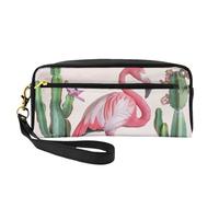 Flamingo Succulent Plants Printed Leather Makeup Bags with Wrist Strap Portable Travel Toiletry Bag Cosmetic Organizer Bag for Women