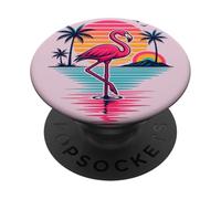 Flamingo Summer Retro Sunset Tropical Beach Palm Trees PopSockets Adhesive PopGrip