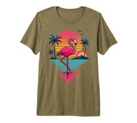 Flamingo Summer Retro Sunset Tropical Beach Palm Trees Premium T-Shirt