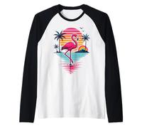 Flamingo Summer Retro Sunset Tropical Beach Palm Trees Raglan Baseball Tee