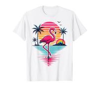 Flamingo Summer Retro Sunset Tropical Beach Palm Trees T-Shirt