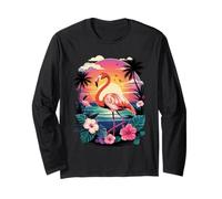 Flamingo Sunset Beach Tropical Flowers Retro Vibes Long Sleeve T-Shirt