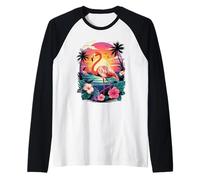Flamingo Sunset Beach Tropical Flowers Retro Vibes Raglan Baseball Tee