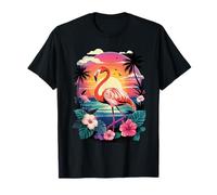 Flamingo Sunset Beach Tropical Flowers Retro Vibes T-Shirt