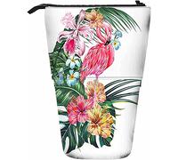 Flamingo Telescopic Pencil Stationery Case Pens Storage Box with Zipper Closure for Women Men Boys Girls Bird Leaf Palm Tropical Floral Jungle Nature Hibiscus Botanical Foliage
