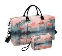 Flamingo Travel Duffle Bag Gym Bag, Flamingos Palm Trees Watercolor Weekender Bags for Women with Toiletry Bag Travel Tote Bag Swim Bag